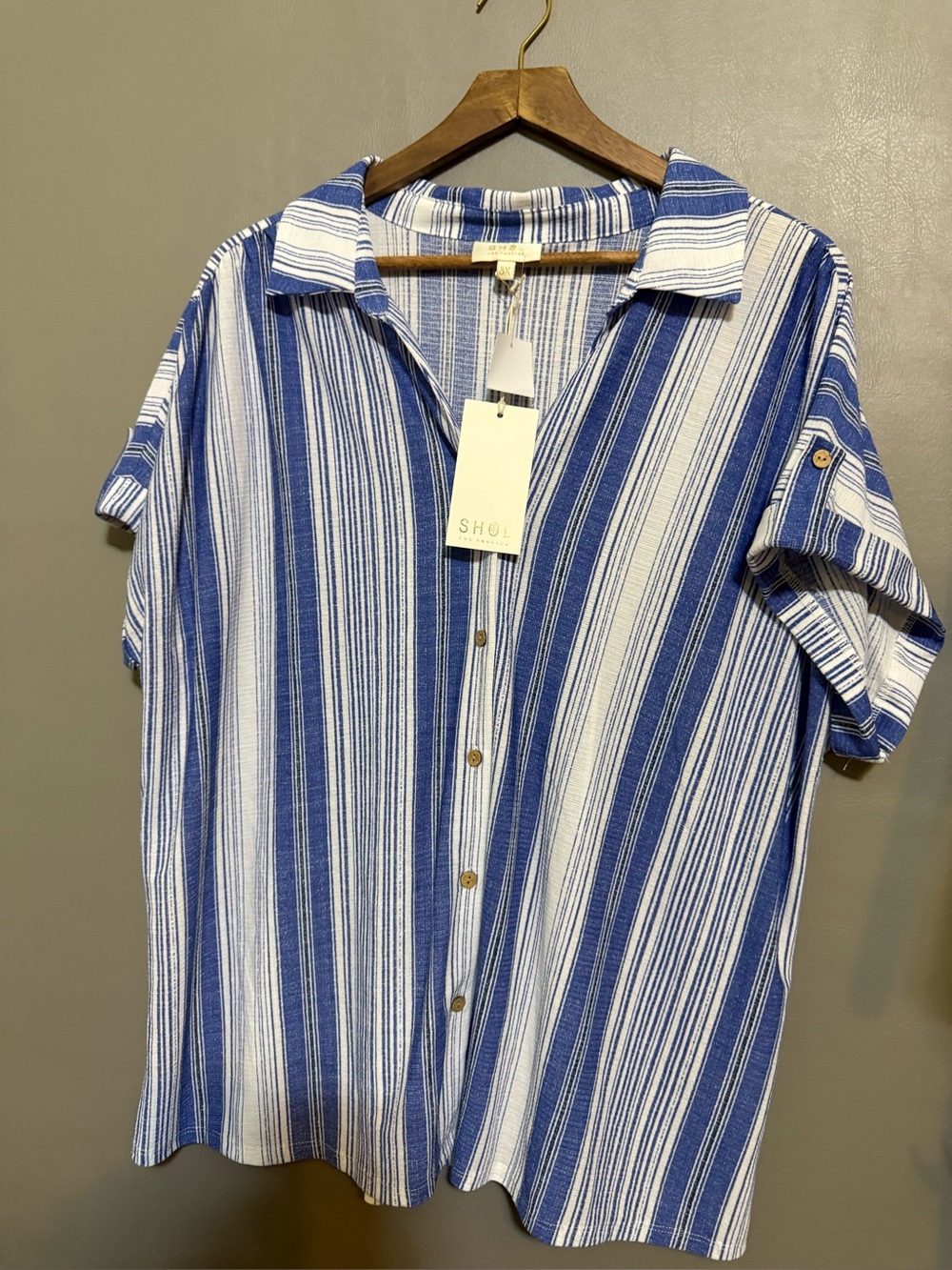 Show Women’s Blue & White Striped Button-Up Blouse